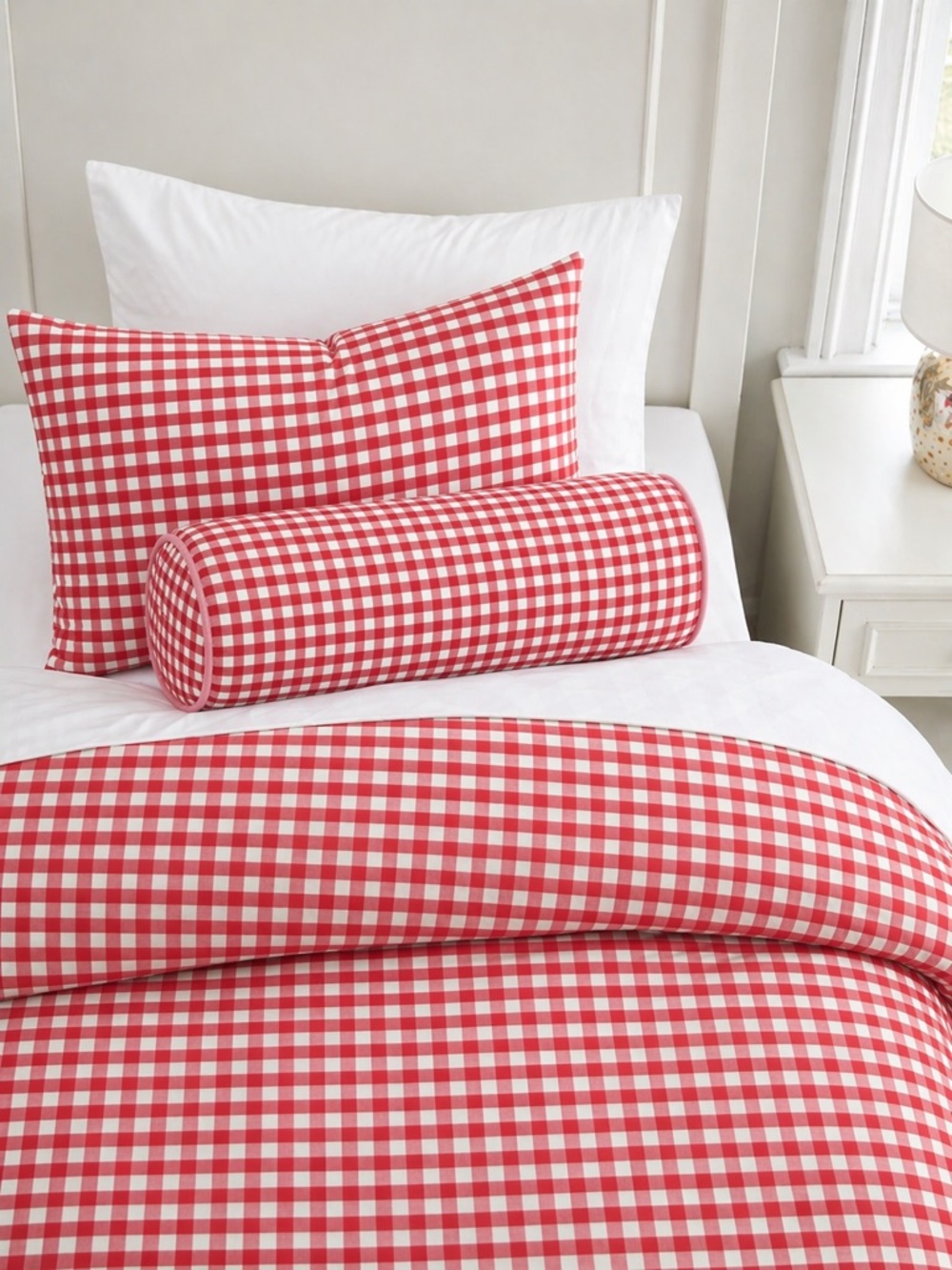 NWT Pottery Barn Kids Red White Gingham Bolster Roll Pillow 6½” x 16” Cottage
